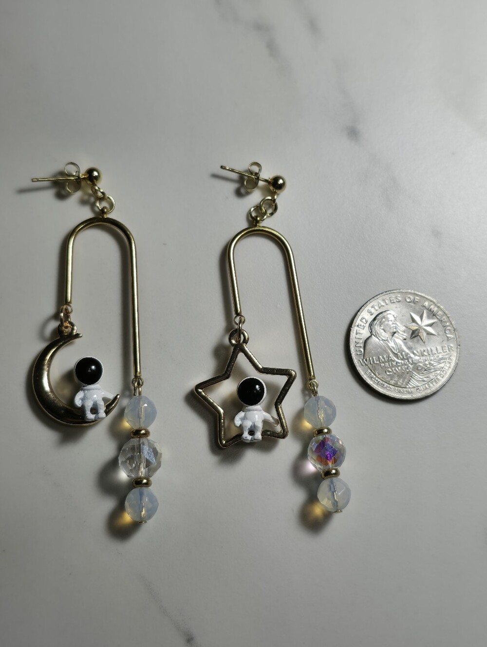 Celestial Astronaut Dangle Earrings | Gold Moon, Star & Opalite Glass Beads - Picture 3 of 3